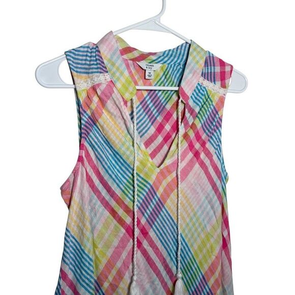 Crown & Ivy Tank Top Women's Medium Plaid V-Neck Tassel Colorful Shirt - Picture 2 of 9